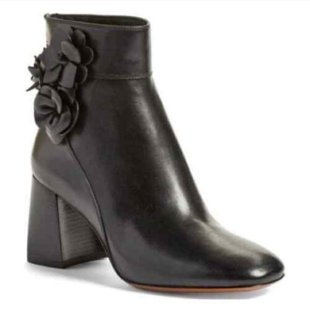 Tory Burch Blossom Floral Applique Leather Ankle Boots 8.5 M